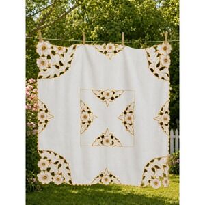 Vintage White Linen Square Tablecloth Orange Yellow Floral Cutwork Embroidery